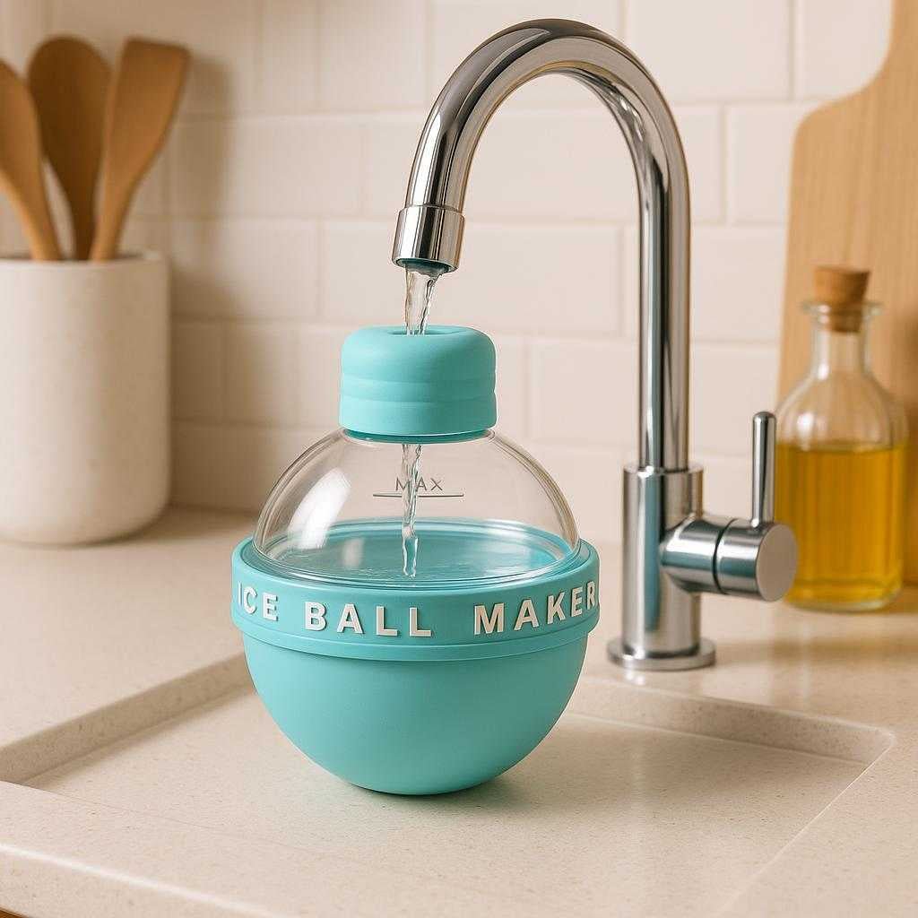 dekorationer-med-is-skulpturer-elegant-interir-i-bl-gul-lilla-lyserd-a-stylish-kitchen-countertop-with_15241167536515_scene1 Dekorationer med Is Skulpturer - Elegant Interiør i Blå, Gul, Lilla, Lyserød. A stylish kitchen countertop with the ice ball maker in the process of being filled with water from a sleek chrome faucet, encapsulating a modern and efficient lifestyle.
