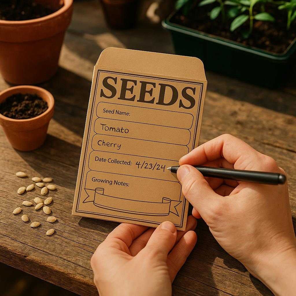 design-fropbevaringsmappe-i-klassisk-stil-brun-g_15234097545603_scene1 Design Frøopbevaringsmappe i Klassisk Stil - Brun, Gul og Hvid, Genanvendeligt Papir: A realistic home gardening setting where the product is properly grounded on a rustic wooden table, being actively used by a person's hands to sort seeds for planting, with natural lighting casting realistic shadows and showing clear contact points where the product rests on the table.