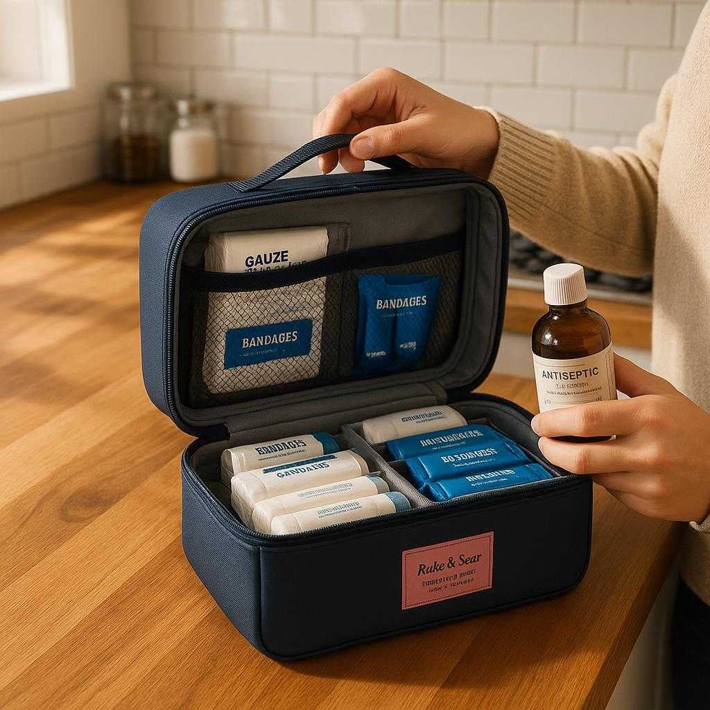 design-frstehjlpsmappe-gul-rd-gr-lyserd-slidst_15245569622403_scene1 Design Førstehjælpsmappe - Gul, Rød, Grå, Lyserød - Slidstærkt Tekstil: A realistic kitchen setting where the first aid kit is properly grounded on a wooden kitchen counter, being accessed with one hand while the other hand holds a bottle of antiseptic.