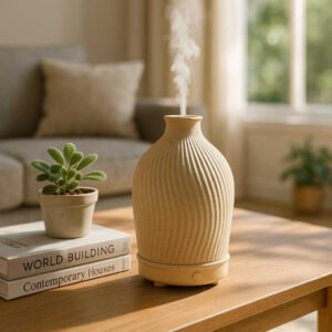 Diffuser til æteriske olier i Høj Kvalitet - Stilfuldt Keramisk Design med Ribbet Tekstur til Bedre Hjemmemiljø: A realistic living room setting where the diffuser is properly grounded on a wooden coffee table, being naturally placed alongside a few books and a small potted plant, with natural sunlight streaming through a nearby window casting realistic shadows and showing clear contact points where the diffuser touches the table.