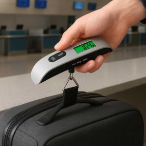 Digitalbagagevægt i Sølvfarvet Plastik, Metal og LCD-Skærm - Præcis og Kompakt: A realistic airport check-in counter setting where the digital luggage scale is properly grounded on the counter, being actively used by a person weighing their suitcase before checking in, with natural lighting casting realistic shadows on the counter, clearly showing contact points where the scale and suitcase touch the surface.