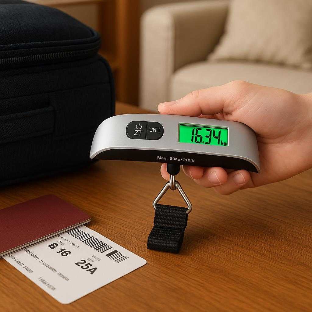 digitalbagagevgt-i-slvfarvet-plastik-metal-og-lcd_15378294473091_scene2 Digitalbagagevægt i Sølvfarvet Plastik, Metal og LCD-Skærm - Præcis og Kompakt: A different realistic home environment where the digital luggage scale is securely positioned on a wooden table in a living room, being naturally placed alongside a packed suitcase and travel documents, with proper physics, shadows, and realistic integration into the cozy, travel-ready scene.