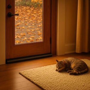 Dørbundliste i Sort Gummi - Effektiv Lufttætning, Støjreduktion og Energibesparelse. A cozy home interior during autumn, where the door bottom seal is installed on the entrance door, effectively blocking the draft. Fallen leaves are scattered outside, visible through the glass, while the interior remains snug with a warm rug and a resting cat nearby. Soft, warm lighting highlights the comfort inside, emphasizing energy efficiency and noise reduction.
