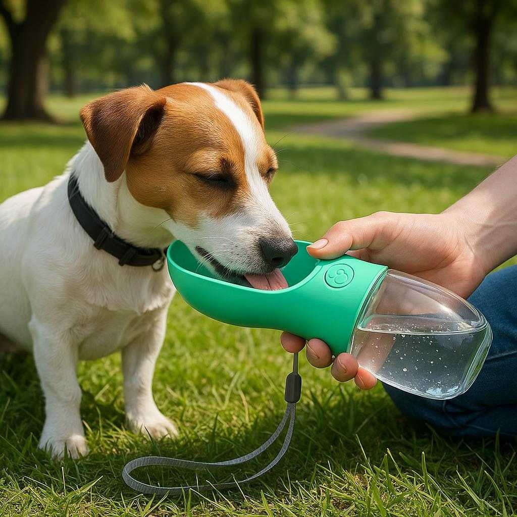 drikkedunk-til-hunde-praktisk-og-holdbar-lsning_15061921169795_scene1 Drikkedunk til Hunde - Praktisk og Holdbar Løsning i Turkis Design med Gennemsigtig Flaske og Skålformet Top: A realistic park setting where the product is properly grounded on a grassy area, being actively used by a person holding the product with one hand while a small dog drinks from the bowl-shaped top.