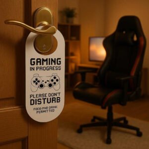 Dørskilt til Gamere – Gaming in Progress Skilt til Håndtag i Høj Kvalitet Plast. A cozy gaming room setting with the door sign prominently on a half-open door, showing a relaxed room with a gaming chair, console, and softly glowing screen inside.