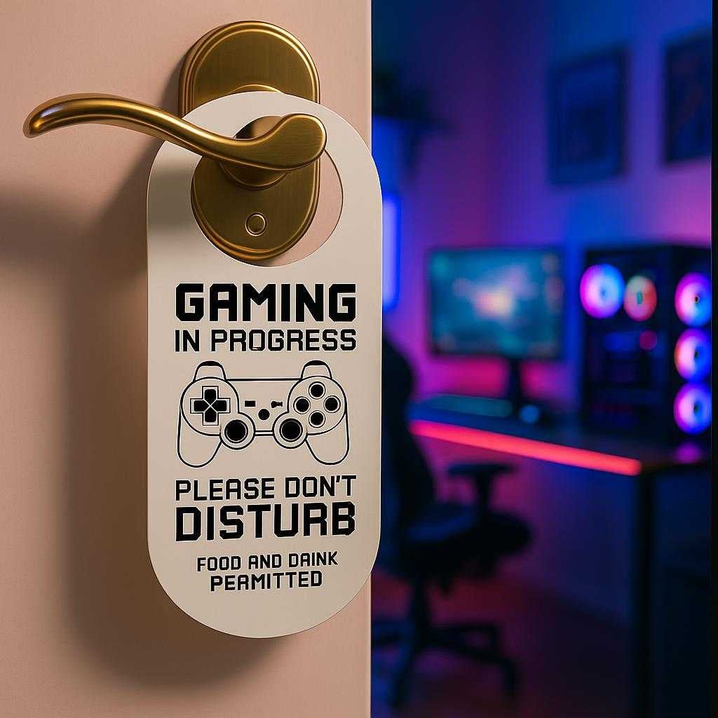 drskilt-til-gamere-gaming-in-progress-skilt-til-hndtag-i-hj-kvalitet-plast-the-gaming-in-progress-door_15246965539203_scene1 Dørskilt til Gamere – Gaming in Progress Skilt til Håndtag i Høj Kvalitet Plast. The 'Gaming in Progress' door sign hangs on a sleek modern door handle in a teenager's room, with vibrant LED lights reflecting off a gaming setup visible through the door crack.