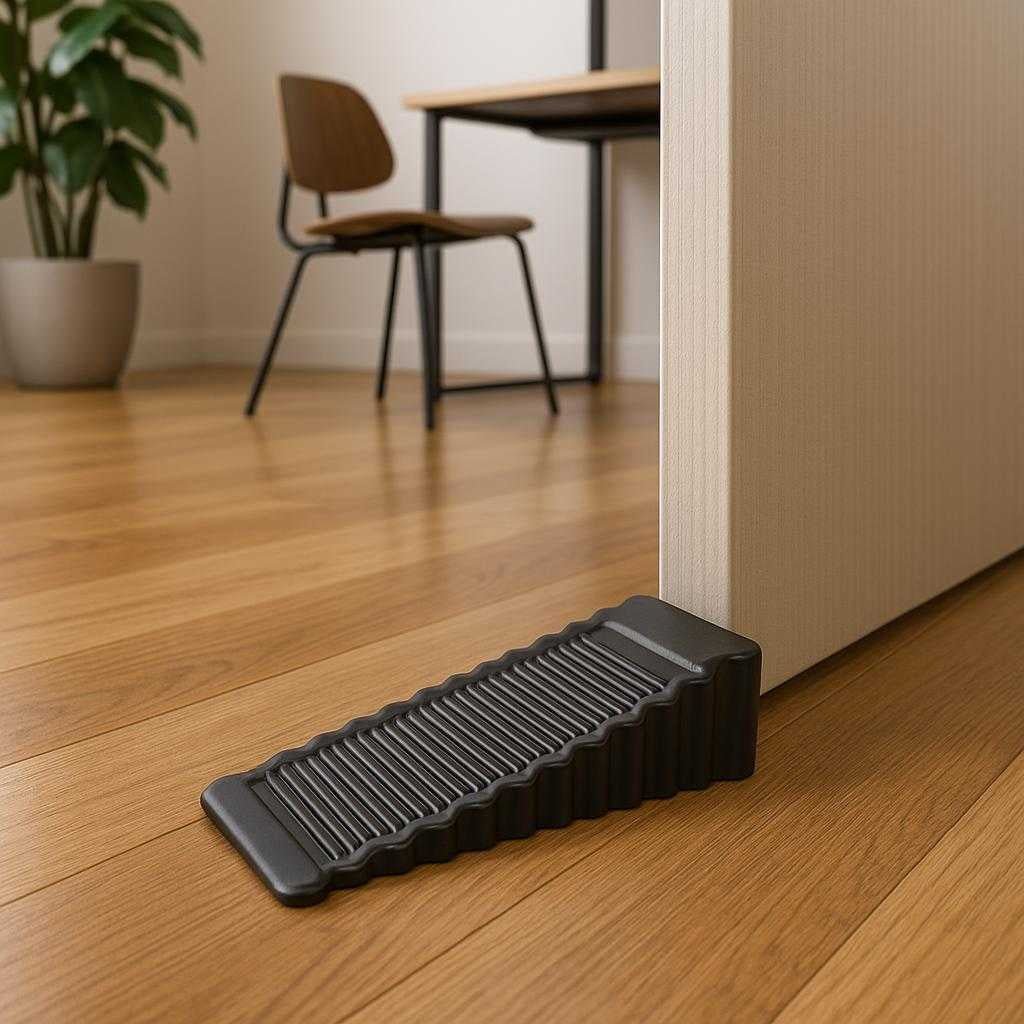 drstopper-i-moderne-design-slidstrk-skridsikker-og-diskret-tilgngelig-i-sort-bl-og-hvid-an-office-environment-where-the_15224113824131_scene2 Dørstopper i Moderne Design: Slidstærk, Skridsikker og Diskret - Tilgængelig i Sort, Blå og Hvid. An office environment, where the dørstopper is utilized to hold the door open slightly. The polished wooden floor and minimalist office furniture create a professional ambiance. A potted plant and a mid-century modern chair are visible, enhancing the aesthetic appeal. The sturdy, non-slip features of the stopper are subtly highlighted as it grips the smooth floor surface effectively.