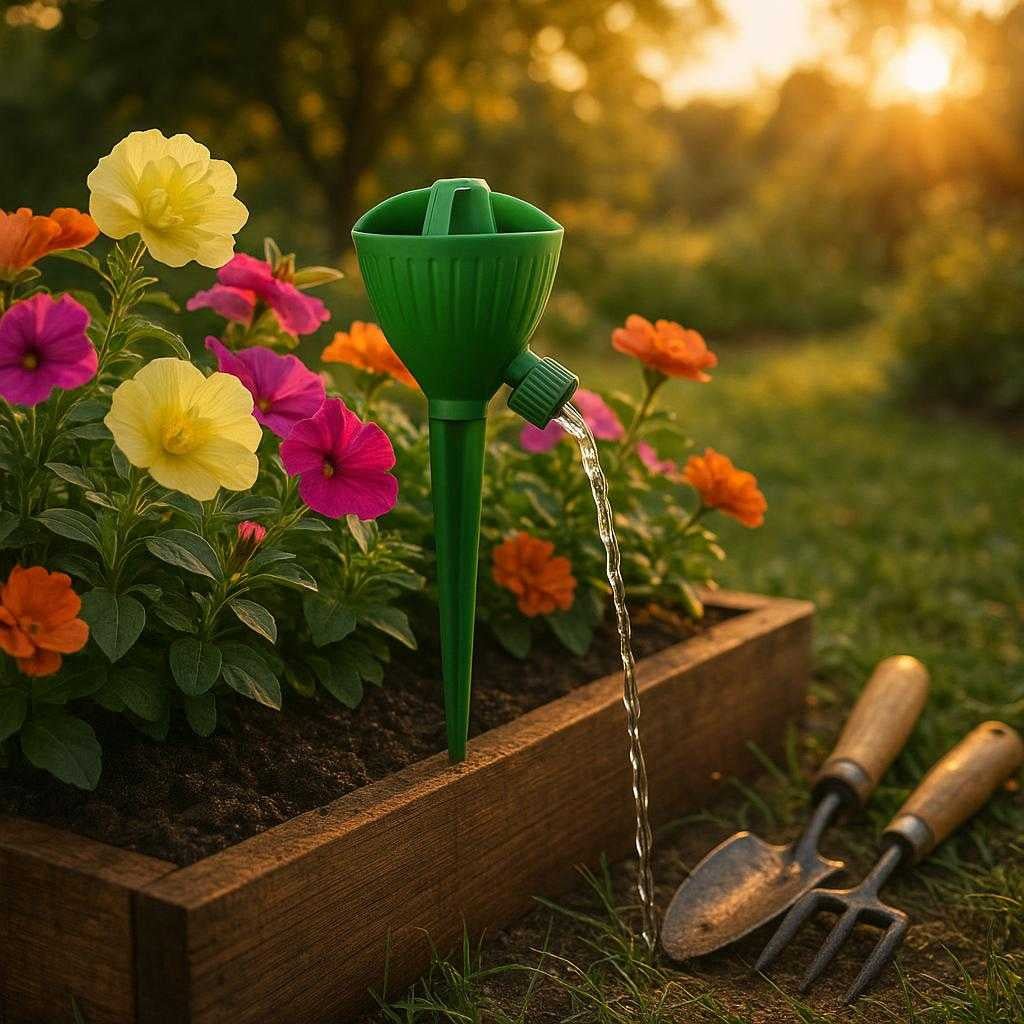 drypvanding-til-planter-effektivt-drypvandingssy_15223819698563_scene2 Drypvanding til Planter - Effektivt Drypvandingssystem til Drivhus og Have - Tilgængelig i Fire Farver: A serene backyard garden, where the green drip irrigation system is accurately placed amidst a row of blooming flowers in a rustic wooden planter.