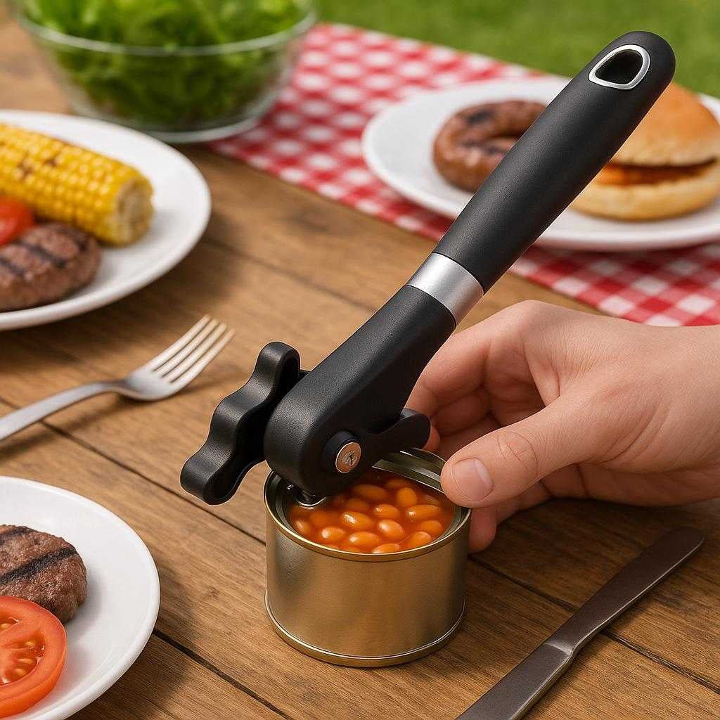 dsebner-i-rustfrit-stl-ergonomisk-design-nem-at_15207777370499_scene2 Dåseåbner i rustfrit stål - Ergonomisk design, nem at bruge og effektiv til åbning af dåser: A different realistic picnic table setting where the can opener is securely positioned on a wooden table, being used to open a can of beans for a barbeque, with proper physics, shadows, and realistic integration into the environment, surrounded by picnic items like plates and cutlery.