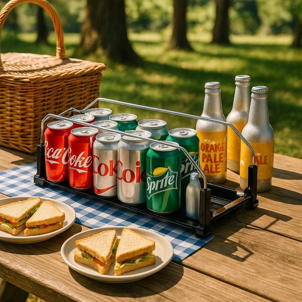 dseorganizer-i-sort-metal-effektiv-og-pladsbespa_15234043412867_scene2 Dåseorganizer i sort metal - Effektiv og pladsbesparende opbevaring til dine dåser: A cozy outdoor picnic setting on a wooden picnic table.