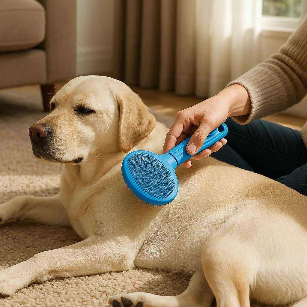 effektiv-bl-hundebrste-og-kattebrste-med-ergonomis_15061924086147_scene1 Effektiv Blå Hundebørste og Kattebørste med Ergonomisk Greb, Plastik og Metal: A realistic cozy living room setting where the 'Effektiv Blå Hundebørste og Kattebørste med Ergonomisk Greb, Plastik og Metal' is properly grounded on a plush rug, being actively used by a person brushing a relaxed Labrador's coat, with natural lighting from a nearby window casting realistic shadows and showing clear contact points where the brush touches the dog's fur.