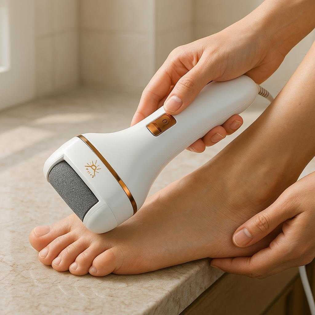 elektrisk-fodfil-til-effektiv-hrd-hudfjernelse-og_15061921202563_scene1 Elektrisk Fodfil til Effektiv Hård Hudfjernelse og Bløde Fødder - Professionel Høj Kvalitet Ergonomisk Design: A realistic bathroom setting where the product is properly grounded on a marble countertop, being actively used by hands.