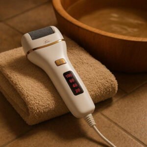 Elektrisk Fodfil til Effektiv Hård Hudfjernelse og Bløde Fødder - Professionel Høj Kvalitet Ergonomisk Design: A different realistic spa-like setting where the product is securely positioned on a plush towel beside a foot soaking basin.