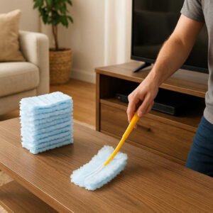 Engangsstøvklude i Blå og Gul - 30 stk. til Effektiv Støvfjerning og Rengøring i Hjemmet: A realistic living room setting where the product is properly grounded on a wooden coffee table, being actively used by a person who is dusting a television stand.