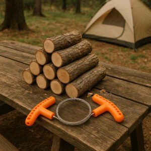 Ergonomisk Trådsav Med Komfortable Greb i Orange og Sort – Effektiv Udendørs Sav. The comfortable-handled wire saw lies next to a freshly cut pile of small logs on a wooden table at a rustic outdoor campsite, with a tent nearby.
