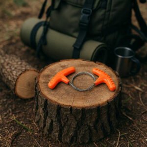 Ergonomisk Trådsav Med Komfortable Greb i Orange og Sort – Effektiv Udendørs Sav. The comfortable-handled wire saw rests on a tree stump next to a neatly cut log, with a backpack and camping gear subtly visible in the background, suggesting preparedness for outdoor adventures.