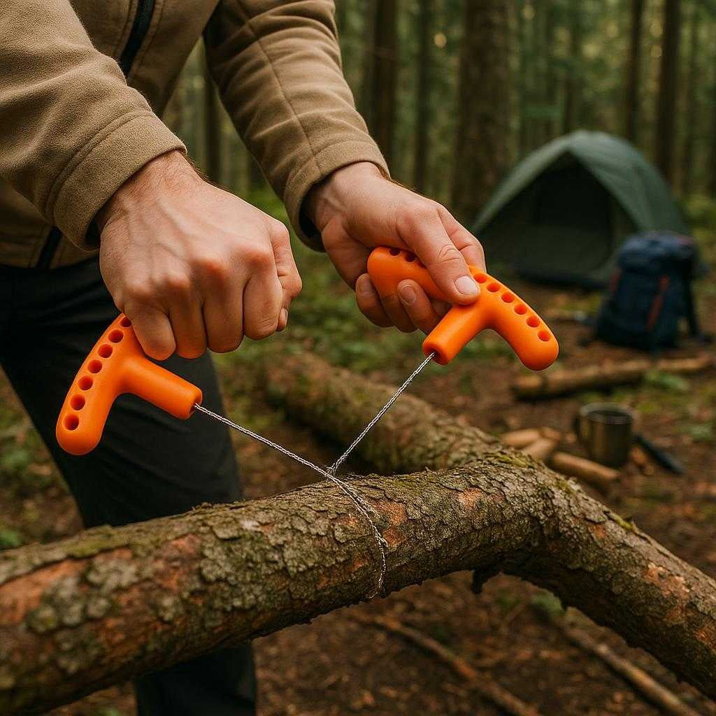 ergonomisk-trdsav-med-komfortable-greb-i-orange-og-sort-effektiv-udendrs-sav-the-orange-and-black-ergonomic_15251794067843_scene1_b632b9dd-18a1-4de2-af8a-8099a0c331f5 Ergonomisk Trådsav Med Komfortable Greb i Orange og Sort – Effektiv Udendørs Sav. The orange and black ergonomic wire saw is being used by a camper to easily cut through a thick branch in a dense forest, with scattered camping gear in the background.