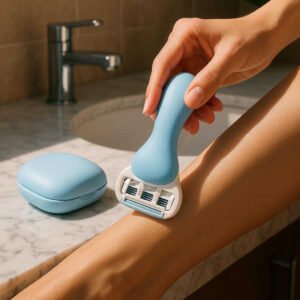 Farve Lam: Ergonomisk og Let at Bruge med Udskiftelige Blade - Plastik, metal: A realistic bathroom countertop setting where the ergonomic shaver is properly grounded on a marble sink counter, being actively used by a person shaving their leg under natural sunlight filtering through a nearby window.