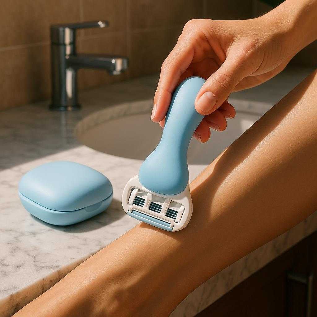 farve-lam-ergonomisk-og-let-at-bruge-med-udskiftel_15378293457283_scene1 Farve Lam: Ergonomisk og Let at Bruge med Udskiftelige Blade - Plastik, metal: A realistic bathroom countertop setting where the ergonomic shaver is properly grounded on a marble sink counter, being actively used by a person shaving their leg under natural sunlight filtering through a nearby window.