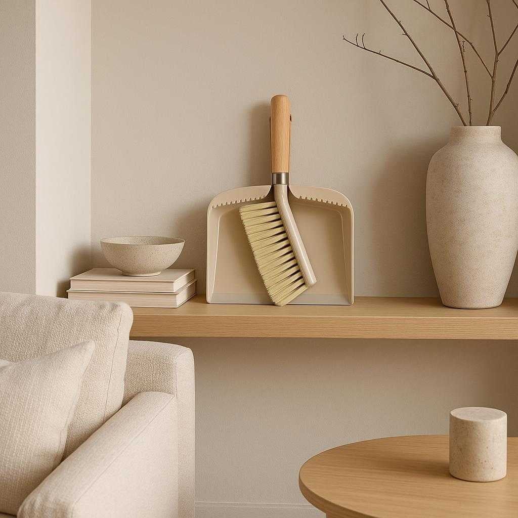 fejebakke-og-kost-i-moderne-design-kompakt-og-nem-at-opbevare-i-beige-og-tr-displayed-in-an-elegantly-minimalistic_15235948478851_scene2 Fejebakke og kost i moderne design - Kompakt og nem at opbevare, i beige og træ. Displayed in an elegantly minimalistic living room, the compact dustpan and brush sit neatly on a shelf, surrounded by stylish decor, showcasing its easy storage and contemporary aesthetic.
