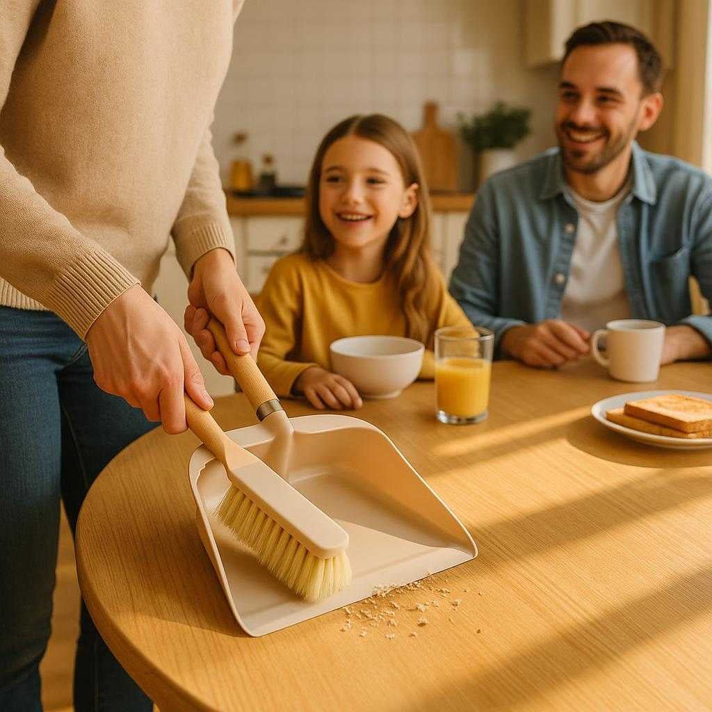 fejebakke-og-kost-i-moderne-design-kompakt-og-nem-at-opbevare-i-beige-og-tr-in-a-sunlit-kitchen-the_15235948478851_scene1 Fejebakke og kost i moderne design - Kompakt og nem at opbevare, i beige og træ. In a sunlit kitchen, the beige dustpan and brush set is skillfully used to sweep crumbs from a dining table, with a cheerful family enjoying breakfast nearby, emphasizing its practicality and modern design.