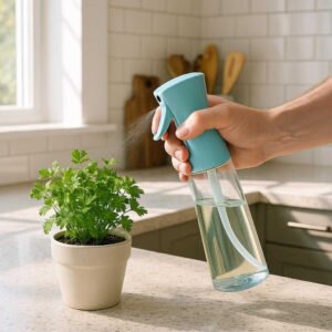 Finforstøver med Højtryk – 300ml Sprayflaske i Moderne Design og Fem Farver: A realistic kitchen setting where the spray bottle is properly grounded on a countertop, being actively used by a person's hand to mist herbs.