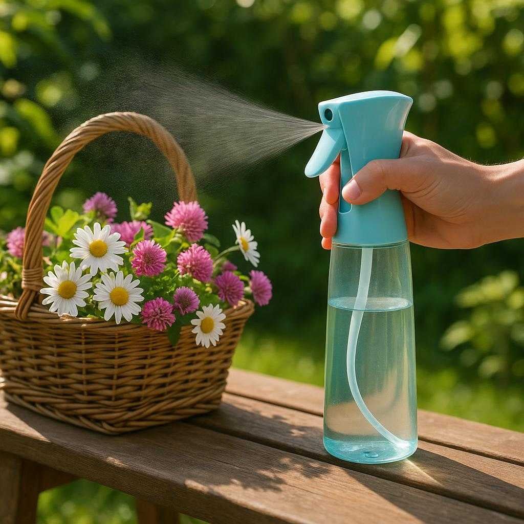 finforstver-med-hjtryk-300ml-sprayflaske-i-modern_15220921336195_scene2 Finforstøver med Højtryk – 300ml Sprayflaske i Moderne Design og Fem Farver: A different realistic garden setting where the product is securely positioned on a wooden bench next to a basket of fresh-picked flowers.