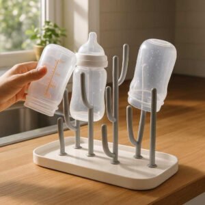 Flasketørrestativ – Sammenklappeligt og Hygiejnisk Stativ til Babyflasker i Høj Kvalitet: A realistic kitchen setting where the product is properly grounded on a wooden countertop, being actively used by placing freshly washed baby bottles on the pegs, with natural sunlight streaming through a window, casting realistic shadows and showing clear contact points where the product touches the surface.