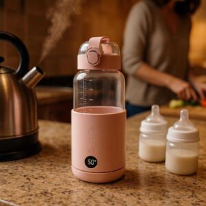 Flaskevarmer til Babyflasker - Høj Kvalitet, Trådløs og Sikker i Hvid og Pink: A different realistic kitchen setting where the Flaskevarmer til Babyflasker is securely positioned on a marble countertop, being naturally placed next to a steaming kettle and a couple of baby bottles.