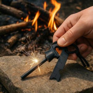 Flerfunktionelt Ildtænder og Lineal i Kompakt Design – Avanceret Overlevelsesværktøj: A realistic camping setting where the product is properly grounded on a flat rock surface near a campfire, being actively used by a person to create sparks for fire lighting.
