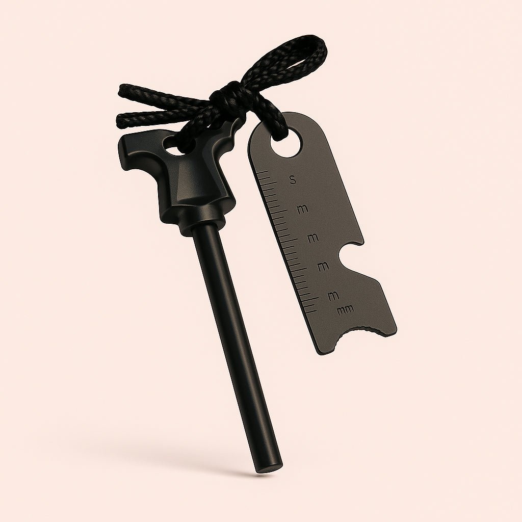 flerfunktionelt-ildtnder-og-lineal-i-kompakt-design-avanceret-overlevelsesvrktj-the-compact-survival-tool-rests_15251707953539_scene2 Enhanced Flerfunktionelt Ildtænder og Lineal i Kompakt Design – Avanceret Overlevelsesværktøj. The compact survival tool rests on a wooden picnic table, surrounded by hiking gear, showcasing its integrated ruler and bottle opener under the warm sunlight.