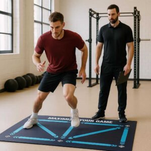 Fodarbejdsmåtte med Visuel Træning - Professionel Reaktion og Koordination Måtte. A focused athlete intently trains on the Fodarbejdsmåtte med Visuel Træning inside a brightly lit gym, using quick steps to navigate the patterns as a coach observes.
