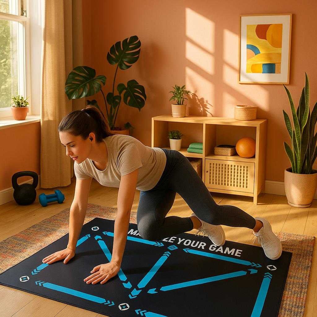 fodarbejdsmtte-med-visuel-trning-professionel-reaktion-og-koordination-mtte-in-a-vibrant-home-workout_15246991393155_scene2 Fodarbejdsmåtte med Visuel Træning - Professionel Reaktion og Koordination Måtte. In a vibrant home workout space, a young professional gracefully utilizes the Fodarbejdsmåtte med Visuel Træning for an energizing morning routine, calming natural light streaming through the window.