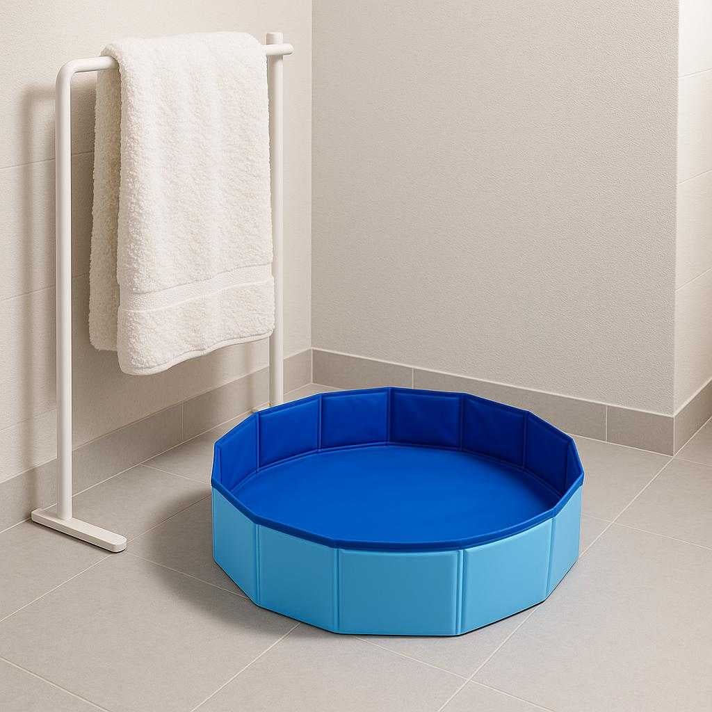fodbadekar-med-massagefunktion-og-stativ-moderne-blt-design-nemt-at-opbevare-og-transportere-the-portable-blue-foot-bath_15237099389315_scene2 Fodbadekar med massagefunktion og stativ - Moderne, blåt design, nemt at opbevare og transportere. The portable blue foot bath stands ready in a minimalist bathroom next to a fluffy towel rack, highlighting its ease of storage and transport.