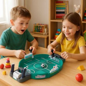 Fodboldbord til Børn - Professionel Grøn Design med Høj Kvalitet, Perfekt til Indendørs Leg: A realistic indoor playroom setting where the tabletop foosball game is properly grounded on a sturdy wooden play table, being actively used by two children, each gripping the handles with enthusiasm, surrounded by a colorful assortment of toys.