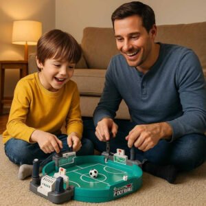 Fodboldbord til Børn - Professionel Grøn Design med Høj Kvalitet, Perfekt til Indendørs Leg: A different realistic family living room setting where the foosball game is securely positioned on a soft carpeted floor, being played by a parent and child who are smiling and engaged.