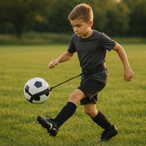 Fodboldtræningselastik til Tekniktræning og Boldkontrol - Professionel Elastik Træning Fodbold. A young soccer player in a grassy field practices precision ball control using the football training elastic, kicking the ball skillfully as the elastic keeps it connected for seamless dribbling.