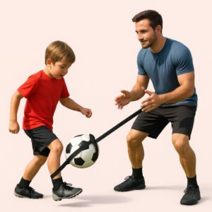 Enhanced Fodboldtræningselastik til Tekniktræning og Boldkontrol - Professionel Elastik Træning Fodbold. On a sunny day in a suburban backyard, a parent and child enjoy a fun training session with the professional football training elastic, showing teamwork and enhancing skills with focused practice.