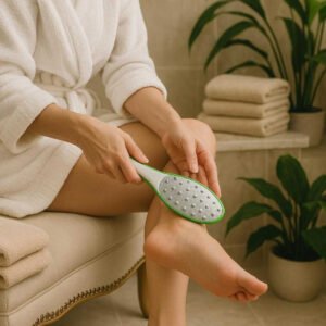 Fodhøvl med professionel kvalitet - Effektiv fjernelse af hård hud og ligtorne - Tilgængelig i fire farver. The foot rasp is being used by a relaxed person sitting on a luxurious bathroom chair, gently smoothing their feet, surrounded by plush towels and plant decor, creating a spa-like atmosphere.