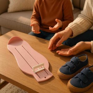 Fodmåler til børn - Præcis og nem måling af fodstørrelse i hjemmet - Tilgængelig i lyserød, blå og grøn: A different realistic living room setting where the product is securely positioned on a coffee table next to a pair of children's shoes.
