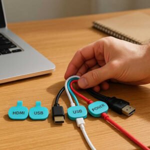 Forskellige Kabelmærker i Rød, Grøn, Gul, Mørke Blå, Orange, Blå - Til Effektiv Kabelorganisering: A realistic office desk setting where the product is properly grounded on a wooden desk surface, being actively used by a hand organizing a bundle of colorful cables.