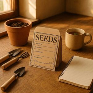 Frøopbevaringsmappe i klassisk design - Nem organisering og opbevaring af frø i brun, gul og hvid. A cozy kitchen setting with warm, natural lighting streaming through a nearby window. The seed storage folder is open on a rustic wooden counter, surrounded by small garden tools and a ceramic pot filled with fresh soil. Nearby, a notebook and a cup of herbal tea suggest an early morning spent planning a spring garden. The soft light casts gentle shadows, adding depth and character to the scene.