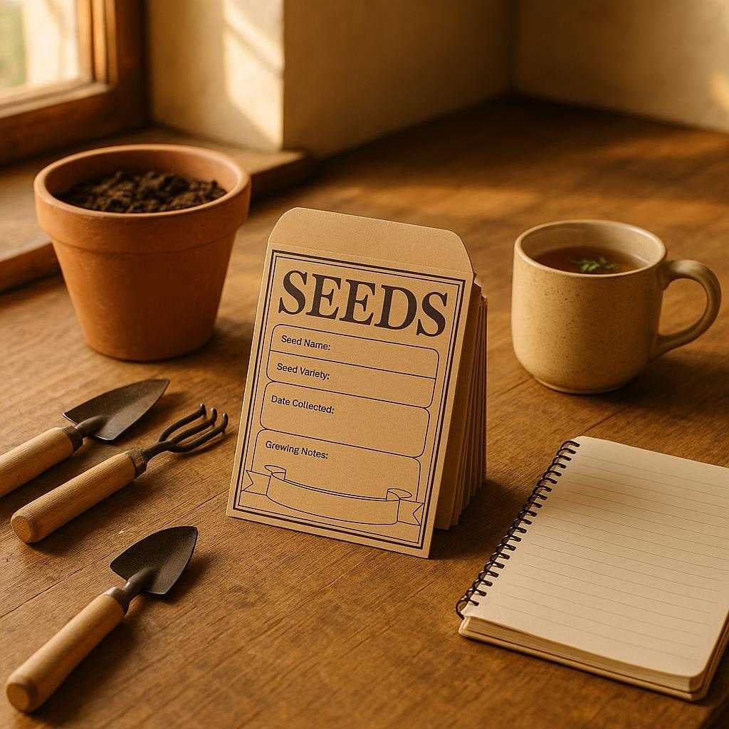 fropbevaringsmappe-i-klassisk-design-nem-organisering-og-opbevaring-af-fr-i-brun-gul-og-hvid-a-cozy-kitchen-setting-with_15234097545603_scene1 Frøopbevaringsmappe i klassisk design - Nem organisering og opbevaring af frø i brun, gul og hvid. A cozy kitchen setting with warm, natural lighting streaming through a nearby window. The seed storage folder is open on a rustic wooden counter, surrounded by small garden tools and a ceramic pot filled with fresh soil. Nearby, a notebook and a cup of herbal tea suggest an early morning spent planning a spring garden. The soft light casts gentle shadows, adding depth and character to the scene.