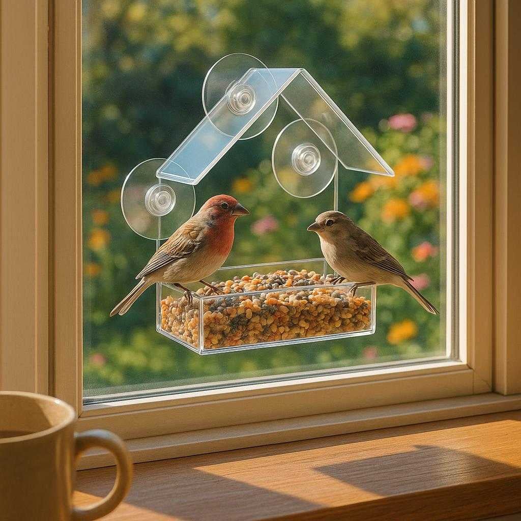 fuglefoderhus-til-vindue-moderne-og-transparent-design-i-plastik-nem-at-montere-perfekt-til-enhver-have-a-cozy-kitchen-window-overlooking_15234075525507_scene1 Fuglefoderhus til Vindue: Moderne og Transparent Design i Plastik - Nem at Montere, Perfekt til Enhver Have. A cozy kitchen window overlooking a lush garden, where the transparent bird feeder is mounted securely with suction cups, filled with colorful seeds. Sunlight gently illuminates the clear, modern design, attracting small birds like finches and sparrows to perch and feed. The background shows a vibrant floral garden in bloom, enhancing the serene and inviting outdoor setting.