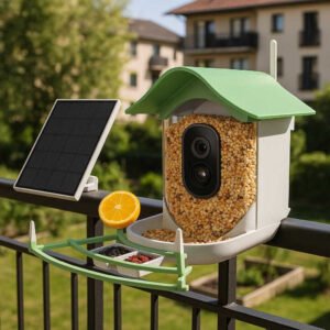 Fuglekamera med solcellepanel og WiFi - Perfekt til overvågning af fugleliv i haven: A suburban balcony setting where the camera is securely positioned on a metal railing, overlooking a small urban garden.
