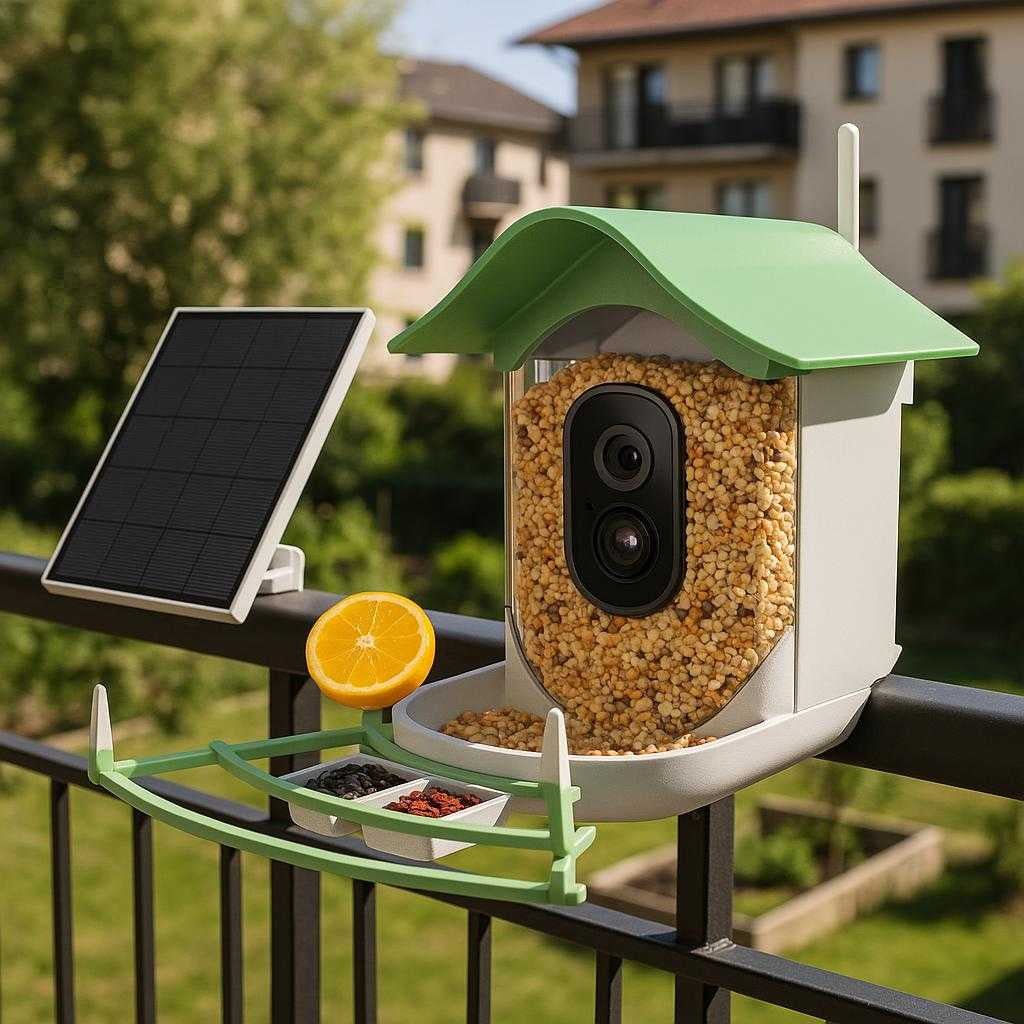 fuglekamera-med-solcellepanel-og-wifi-perfekt-ti_15213839155587_scene2 Fuglekamera med solcellepanel og WiFi - Perfekt til overvågning af fugleliv i haven: A suburban balcony setting where the camera is securely positioned on a metal railing, overlooking a small urban garden.
