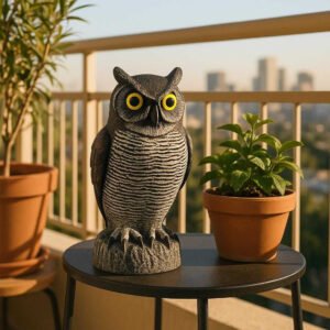 Fugleskræmmer i Realistisk Ugleform - Ideel til Have og Altan, 38x15 cm: A different realistic balcony setting where the owl-shaped bird deterrent is securely positioned on a small side table, naturally integrated to protect potted plants.