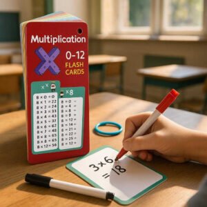 Gangetabel Flashkort - Farverige 0-12 Læringskort til Matematik Øvelse med Høj Kvalitet: A realistic classroom setting where the flashcards are grounded on a wooden desk, being actively used by a child who is writing with one of the included pens.