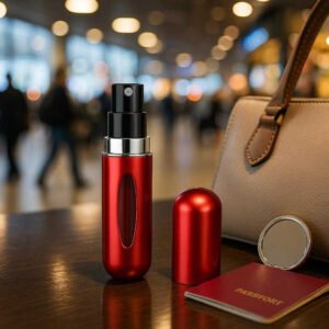 Genopfyldelig Parfumespray i Moderne Design - Tilgængelig i 7 Farver. A bustling airport lounge, where the Genopfyldelig Parfumespray in a bold ruby red is sitting prominently on a glossy table beside a stylish handbag. A travel-sized mirror and passport peek out of an open bag, hinting at a journey. The ambiance is vibrant and reflects the convenience and style of the product for on-the-go refreshment, highlighted by dynamic backdrop lighting and movement.