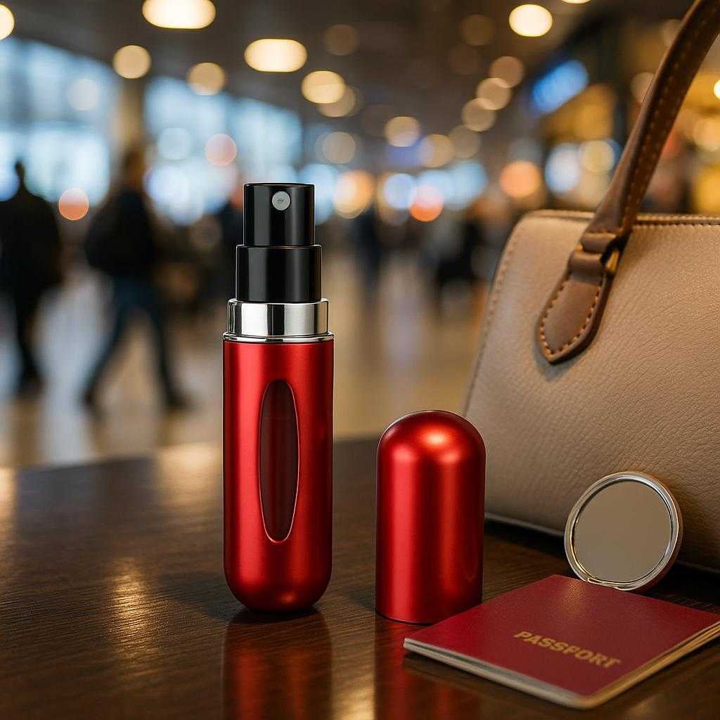 genopfyldelig-parfumespray-i-moderne-design-tilgngelig-i-7-farver-a-bustling-airport-lounge-where_15224065458563_scene2 Genopfyldelig Parfumespray i Moderne Design - Tilgængelig i 7 Farver. A bustling airport lounge, where the Genopfyldelig Parfumespray in a bold ruby red is sitting prominently on a glossy table beside a stylish handbag. A travel-sized mirror and passport peek out of an open bag, hinting at a journey. The ambiance is vibrant and reflects the convenience and style of the product for on-the-go refreshment, highlighted by dynamic backdrop lighting and movement.